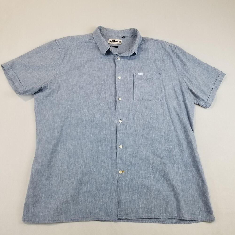 Barbour Shirt Mens Large Blue Nelson Linen Cotton Chambray Short Sleeve Button